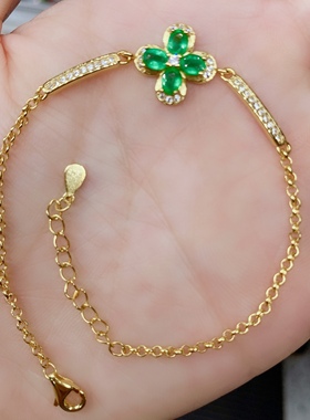 3x4天然祖母绿石手链女款925银镶嵌白色黄金色女手链清新时尚款