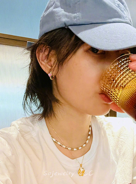 白百何同款粉色珐琅爱心耳扣女