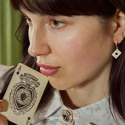 不对称ab款珐琅爱心扑克牌耳环925银针耳钉小众设计个性耳饰耳夹 - 图2