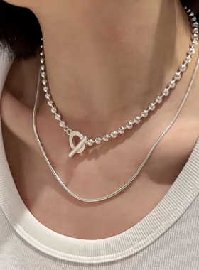 诗歌兰925银OT扣项链 重工拉丝银白串珠圈圈锁骨链 清冷感D10