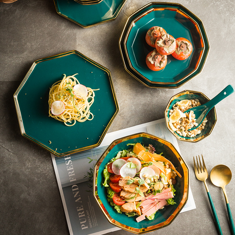 北欧祖母绿水果盘陶瓷沙拉碗创意盘子碗个性家用饭碗轻奢金边餐具 - 图1