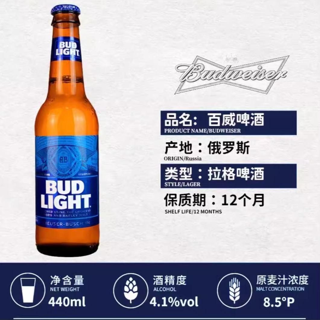 俄罗斯进口蓝百威旋盖啤酒440ml*20瓶Budweiser拉格黄啤整箱塑包 - 图0