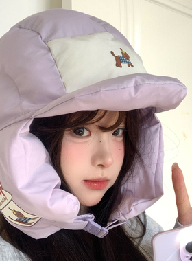 可爱猫咪羽绒棉护耳帽子女冬季