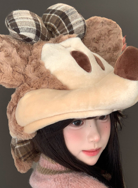 可爱迪士尼米妮玩偶毛绒帽女冬季