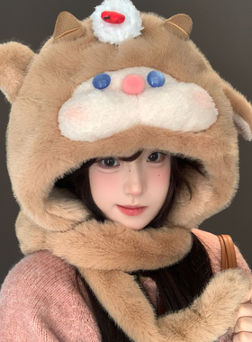 可爱咖色小羊毛绒帽女冬季显脸小