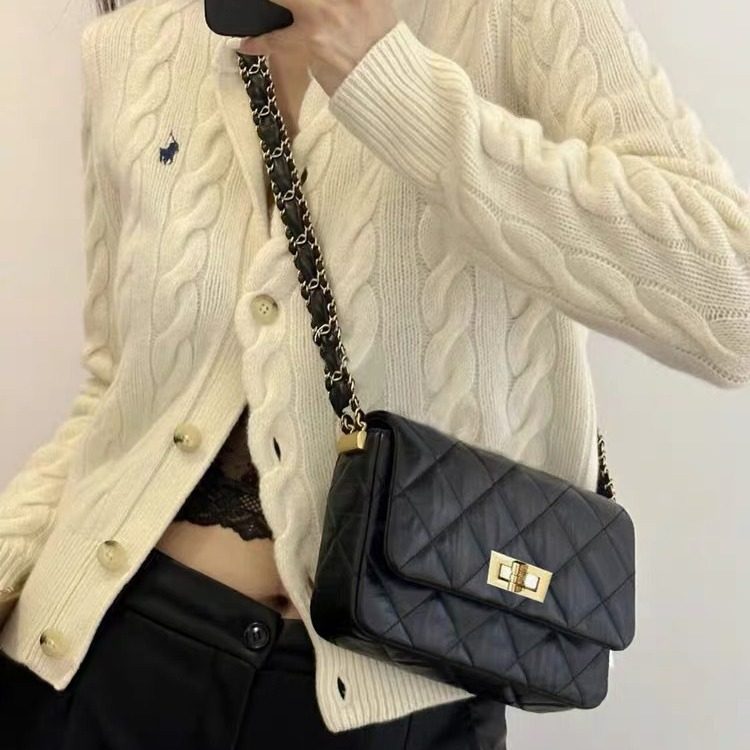 2023新款头层油蜡牛皮小香风菱格链条小方包时尚简约单肩斜挎女包,淘宝优惠券,粉丝福利购,淘宝优惠卷