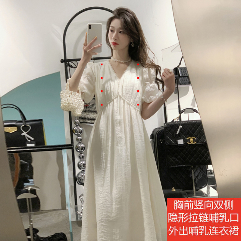 2023新款哺乳夏季韩版时尚高级感中长款宽松V领显瘦孕妇连衣裙女-图1