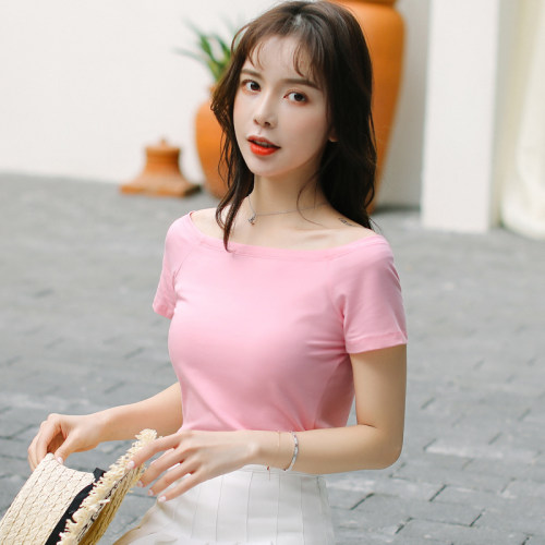女装时髦时尚洋气一字肩上衣女夏短袖性感紧身修身t恤女短款纯棉 - 图1