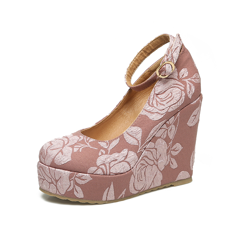 民族风坡跟中式春秋古风女鞋汉服鞋舒适防水台绣花鞋松糕底高跟鞋 - 图3