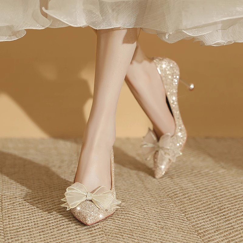 婚鞋女2024年新款银色法式水晶鞋主婚纱新娘鞋气质结婚细跟高跟鞋-图3