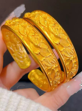 新中式国潮风古法金錾刻牡丹花手镯女实心开口宽版手环送女友礼物