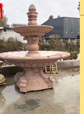 石雕喷泉水钵大理石户外流水景观黄锈石喷水摆件园林庭院别墅天然