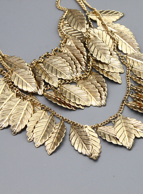 L摩登复古金色树叶流苏时尚造型多层项链毛衣链孤品