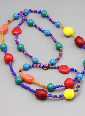 L设计师款手工串珠撞色复古vintage中古民族长款项链毛衣链孤品