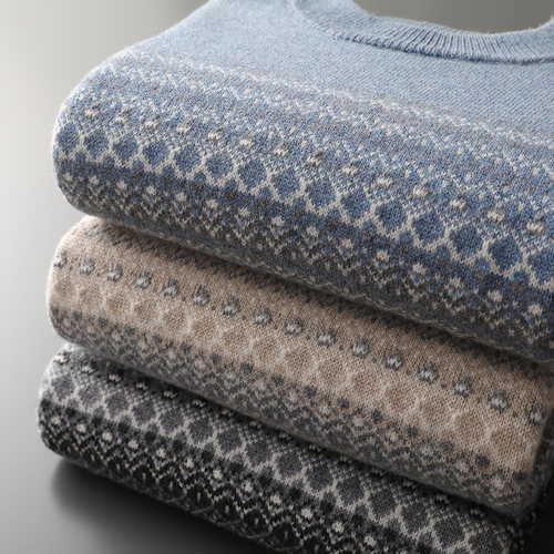 加厚100%纯羊毛衫男圆领加厚套头羊绒衫宽松针织商务休闲打底毛衣 - 图1