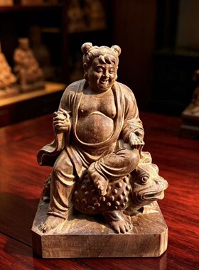 刘海戏金蟾木雕摆件三足金蟾整木实心木雕刻无蜡无漆装饰办公送礼