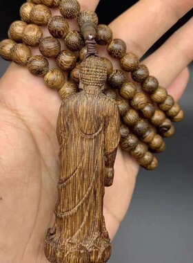 达拉干沉香立体雕刻阿弥陀佛吊坠带佛珠挂脖大日如来毛衣链保平安