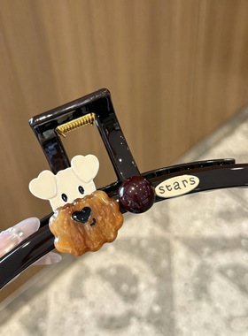 韩系可爱小狗抓夹女后脑勺盘发鲨鱼夹子复古深棕色百搭感发饰
