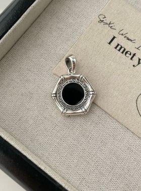 S925纯银竹节黑玛瑙六边形吊坠