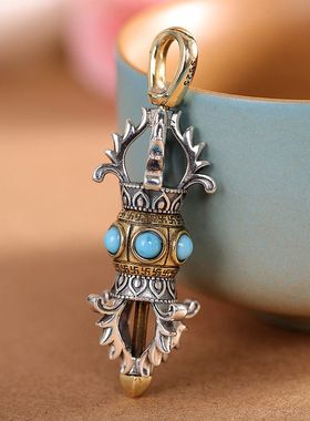 蒙客S925纯银镶嵌松石金刚杵吊坠松石男士复古挂饰