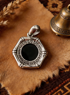 S925纯银竹节黑玛瑙六边形吊坠