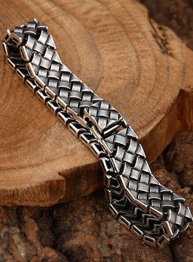 蒙客925纯银民族风十字编织手链