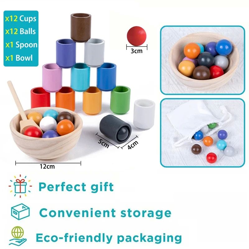 Baby Montessori Wooden Toy Rainbow Ball and Cups Color Sorti - 图3