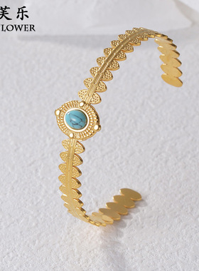 跨境复古风绿松石钛钢开口手镯女轻奢时尚简约级感手情侣学生饰品