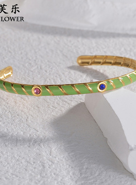 跨境新款锆石滴油罗纹开口手镯女轻奢百搭复古手饰情侣学生礼饰品