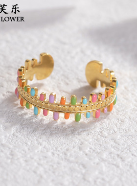 跨境新品ins风钛钢彩色滴油开口戒指女轻奢小众级感可调节情指环