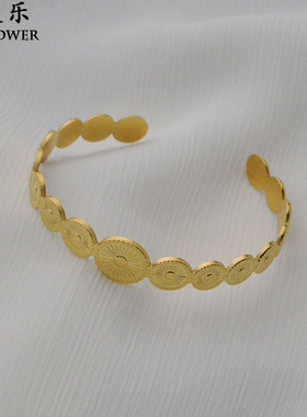 跨境爆款几何圆形拼接钛钢开口手镯欧美复古风14K金轻奢手饰