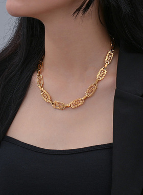 跨境新款回字形手链项链套装女礼物小众设计感锁骨链不锈钢配饰