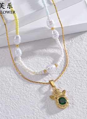 跨境热销白色串珠珍珠链天使钛钢吊坠项链女轻奢级感优雅礼物饰品