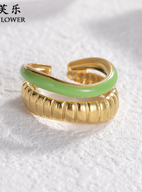 跨境新品钛钢绿色滴油开口戒指女个性轻奢小众级感可调节情侣指环