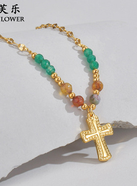 新品民族风彩色串珠钛钢复古吊坠项链女级感百搭锁骨链饰情侣饰品