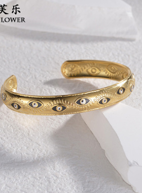 跨境复古风黑色眼睛不锈钢开口手镯女轻奢小众级感首饰情侣礼饰品