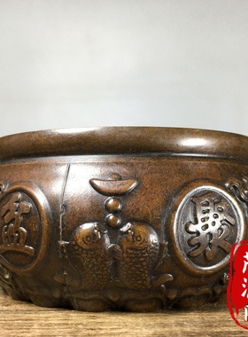 纯铜招财进宝聚宝盆家用客厅办公室聚财纳福铜缸香炉烟灰缸摆件