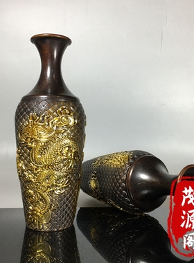 回流珍藏大清老物件古铜鎏金浮雕鱼跃龙门插花瓶一对旧货铜器摆