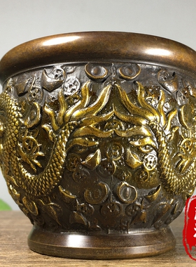 纯铜鎏金招财进宝双龙聚宝盆客厅办公室财源广进大号铜缸烟灰缸