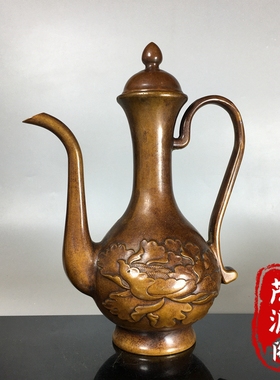 古玩老铜器纯铜浮雕莲花荷花酒壶茶壶宣德年老物件旧货收藏摆件