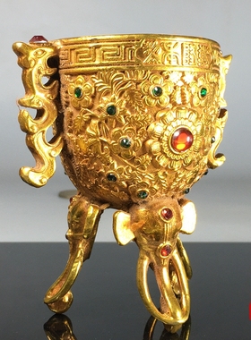 民间收藏传世珍品永固杯镶嵌宝石三足金酒杯酒具旧货老物件摆件