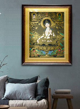 上行道 手绘唐卡 白度母黑金人物七眼佛母客厅书房玄关装饰画挂画