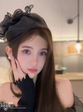 原创春夏黑色蝴蝶结网纱半帽发箍蝴蝶结小帽子发饰宽边发卡荷叶边