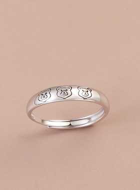 s925纯银卡通小熊开口戒指女简约小众设计百搭食指戒ins潮尾戒子