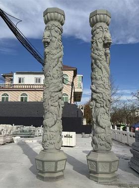 祠堂盘龙石雕汉白玉龙柱石柱青石广场寺庙祠堂浮雕双龙柱雕刻摆件