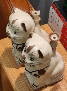 清代磁州窑小猫烛台一对案头艺术摆件