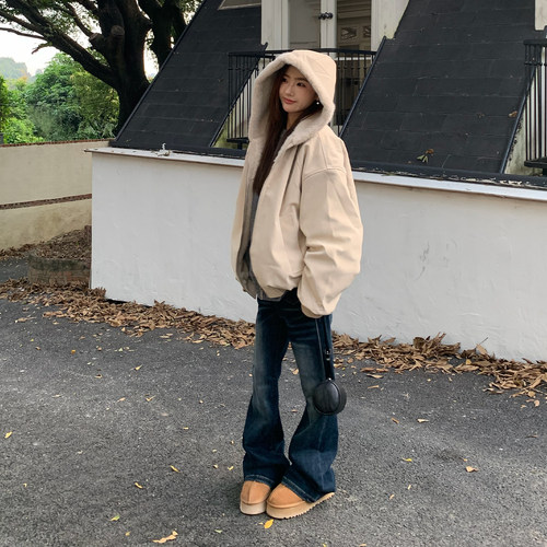 橘子树在哪儿美式麂皮连帽外套女冬防风保暖慵懒休闲宽松百搭棉服 - 图3