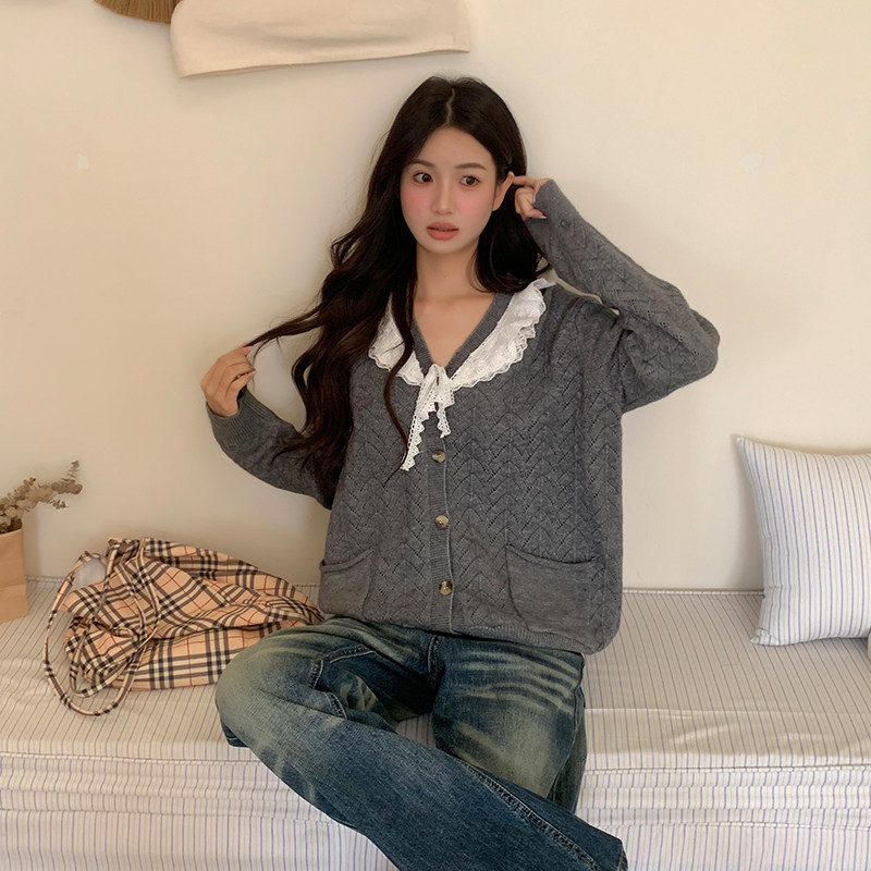 橘子树在哪儿慵懒风miu系蕾丝V领针织开衫女秋季宽松显瘦毛衣外套,淘宝优惠券,粉丝福利购,淘宝优惠卷