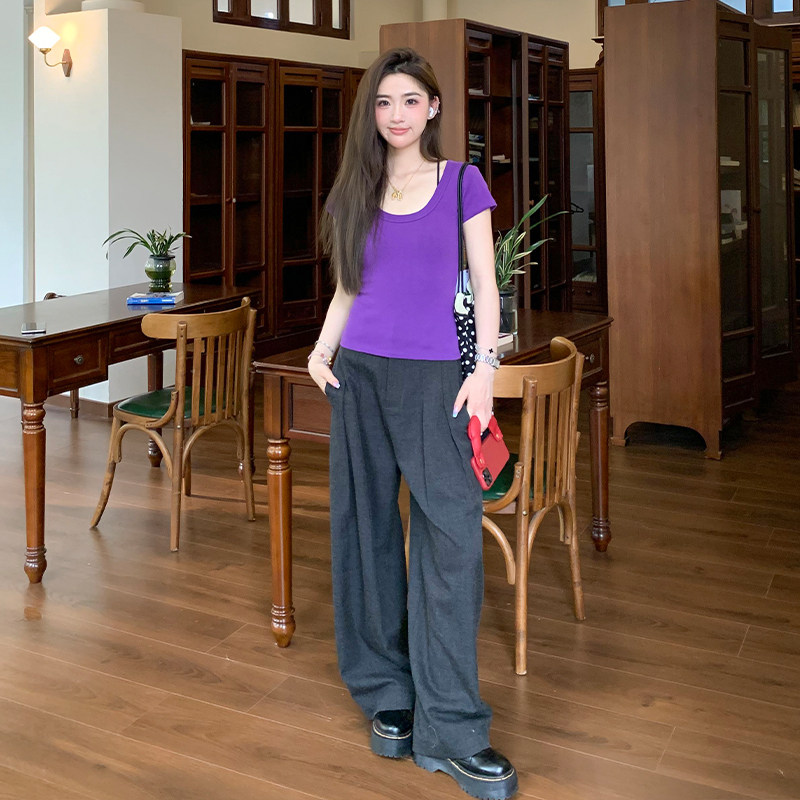 【限时价】橘子树在哪儿复古黑色褶皱西装裤女夏季阔腿显瘦直筒裤,淘宝优惠券,粉丝福利购,淘宝优惠卷