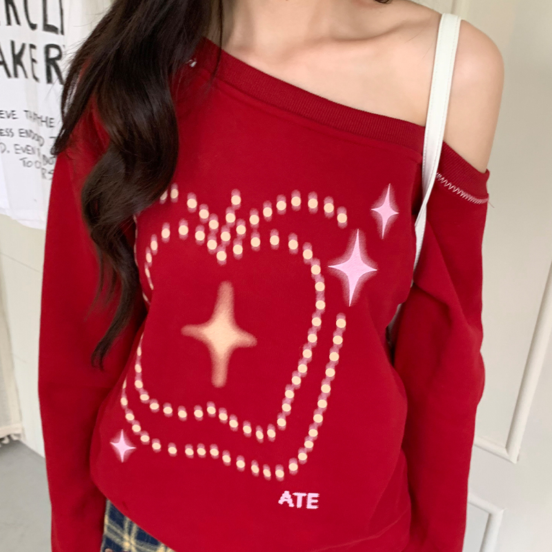 橘子树在哪儿韩系苹果印花套头卫衣女秋纯棉显瘦休闲斜肩长袖上衣 - 图1